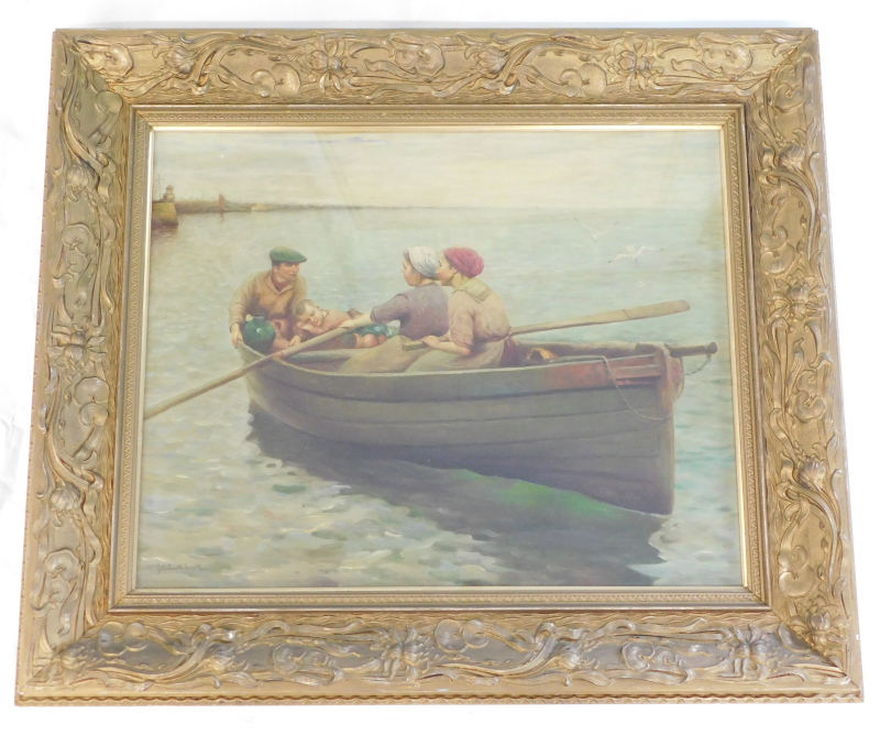 James Calvert Smith (1878-1962). Figures in a rowing boat, oil on canvas, signed, 44cm x 55cm. - Image 2 of 4