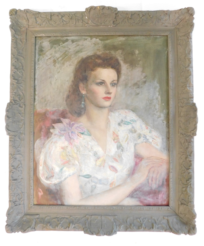 20thC British School. Half length portrait of a seated lady, oil on canvas, 62cm x 49cm. - Image 2 of 3