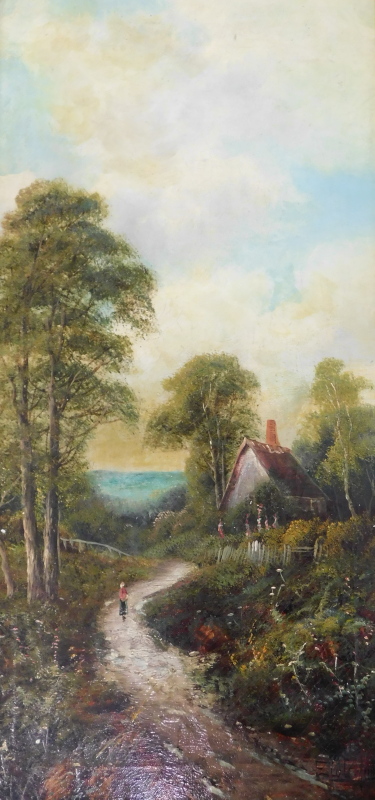 E. Coleson (19thC). Woodland landscape with cottages, oil on canvas - pair, 59cm x 29cm. - Image 2 of 6