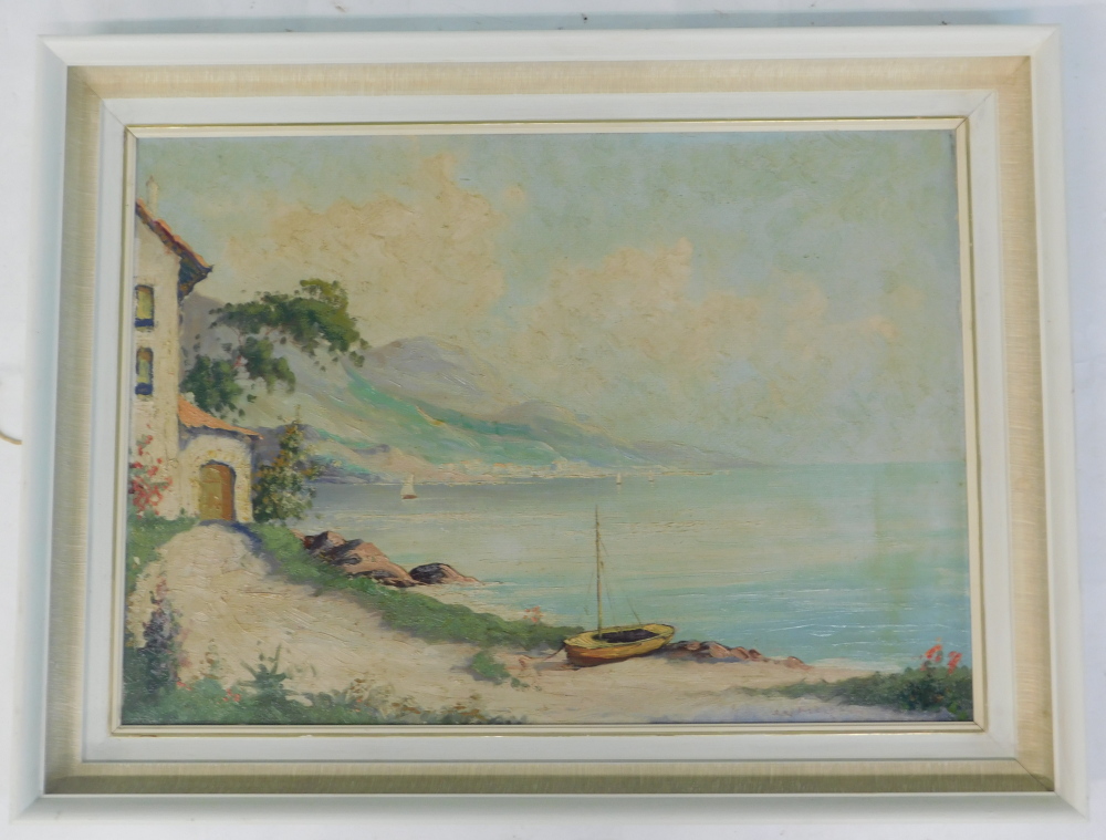 20thC Continental School. Coastal scene with sailing boat, oil on canvas, indistinctly signed, 50cm - Image 2 of 4