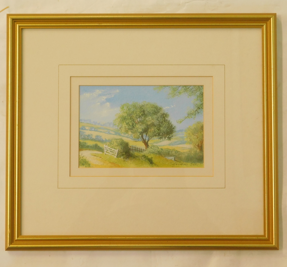 Gordon Lees (20thC). Landscape, watercolour, signed, 12cm x 18cm. Label verso The Cassian Gallery. - Image 2 of 4