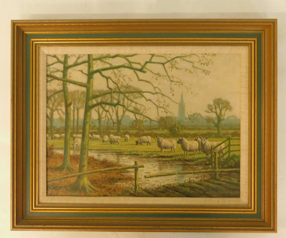 Robin Wheeldon (b.1945). Landscape with sheep, oil on board, signed, dated (19)87, titled verso, 29c - Image 2 of 4