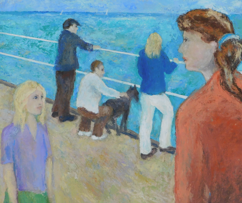 Lewis Davies (20thC). Figures on a pier with dog, oil on board, signed verso, 49cm x 60cm.