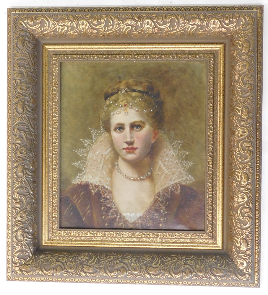 19thC School. Head and shoulders portrait lady wearing pearls, oil on canvas, 39cm x 33cm. - Image 2 of 4