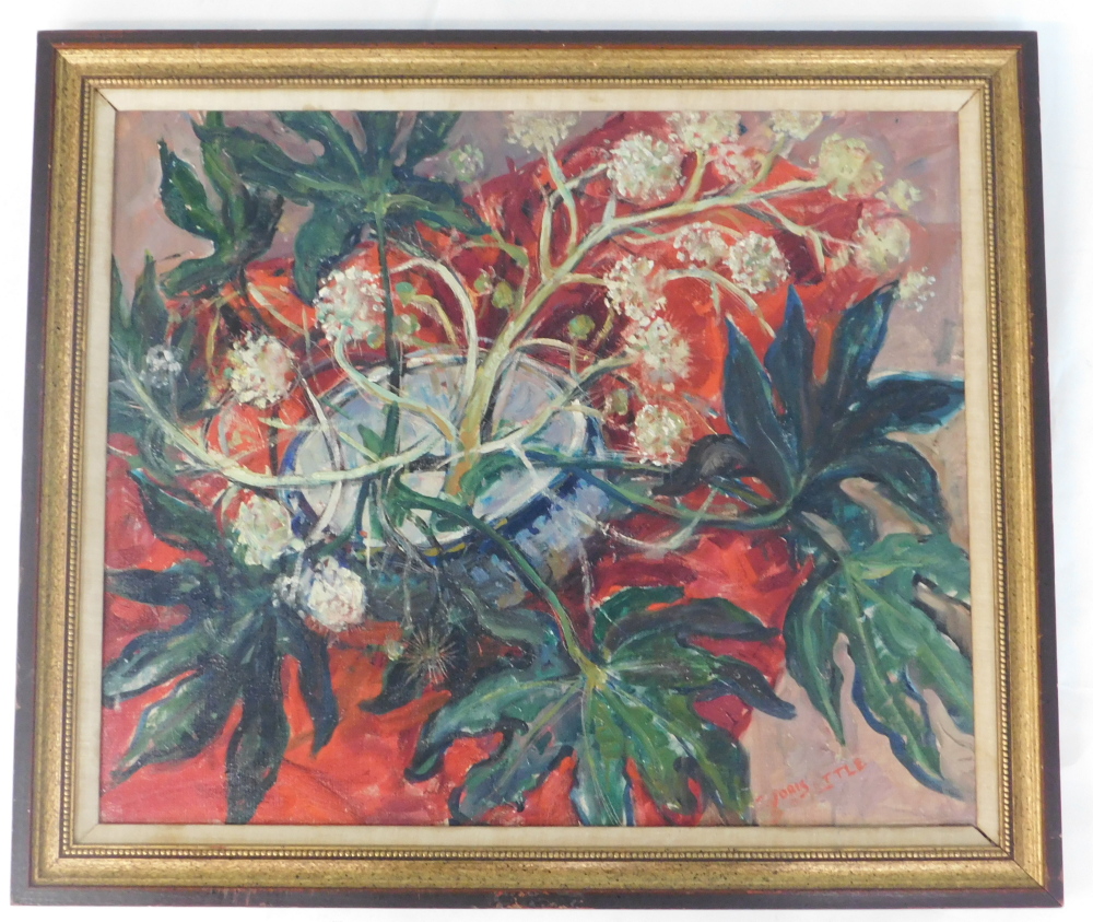 Doris Little. Still life with jardiniere, leaves, red blanket, etc., oil on canvas, signed, 49cm x 5 - Bild 2 aus 5