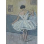 André Baugé (20thC). Lady in white dress, oil on board, Atelier stamp verso, 32.5cm x 24cm.