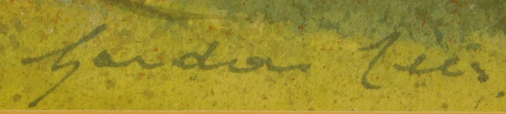 Gordon Lees (20thC). Landscape, watercolour, signed, 12cm x 18cm. Label verso The Cassian Gallery. - Image 3 of 4