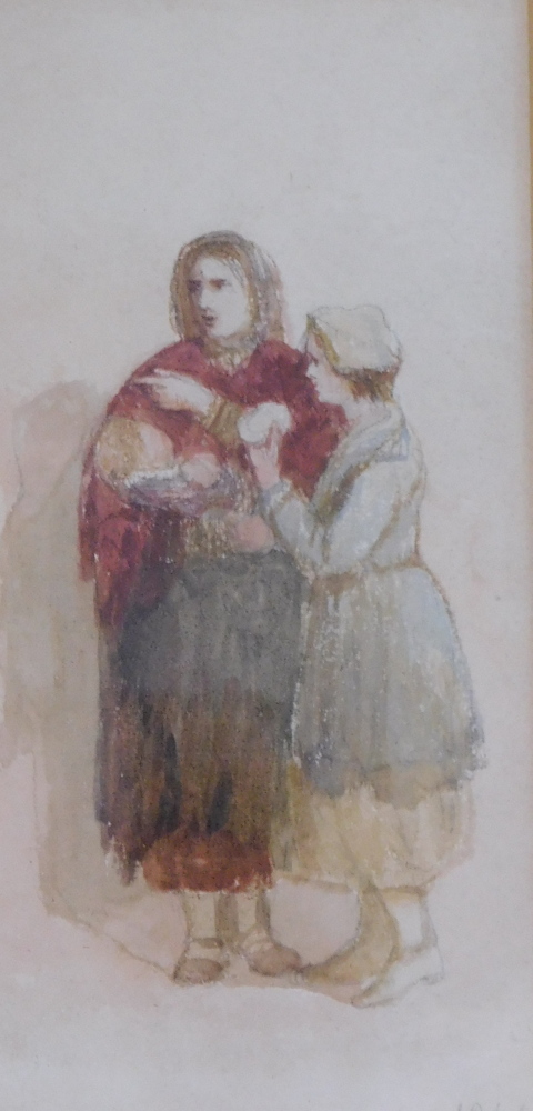 19thC School. Female figures with baby, watercolour, unsigned, dated 1864, 22cm x 11cm.