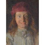 20thC Continental School. Portrait of a lady wearing a red hat, oil on board, 39cm x 29cm.