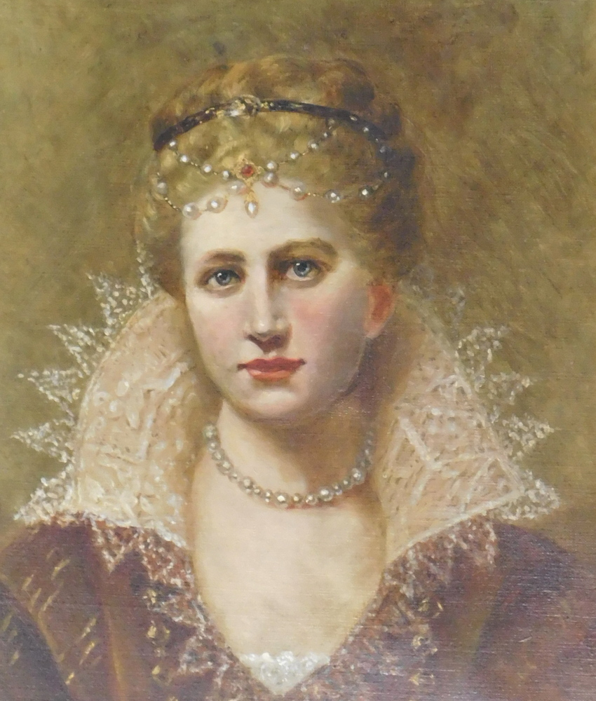 19thC School. Head and shoulders portrait lady wearing pearls, oil on canvas, 39cm x 33cm.