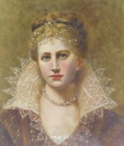 19thC School. Head and shoulders portrait lady wearing pearls, oil on canvas, 39cm x 33cm.