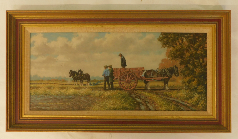 Robin Wheeldon (b.1945). Muck Cart and Plough Team, oil on board, signed, dated 1983, titled verso, - Image 2 of 5