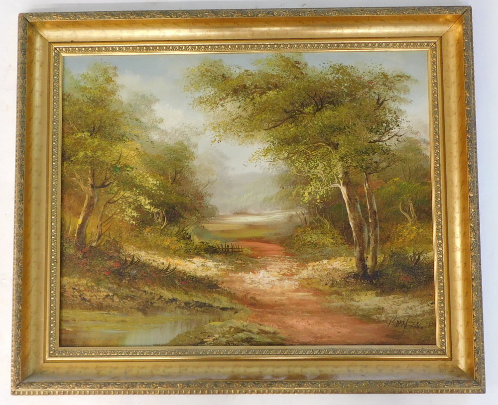R Hansen (20thC). Woodland landscape with pond, oil on canvas, 39cm x 49cm. - Bild 2 aus 4