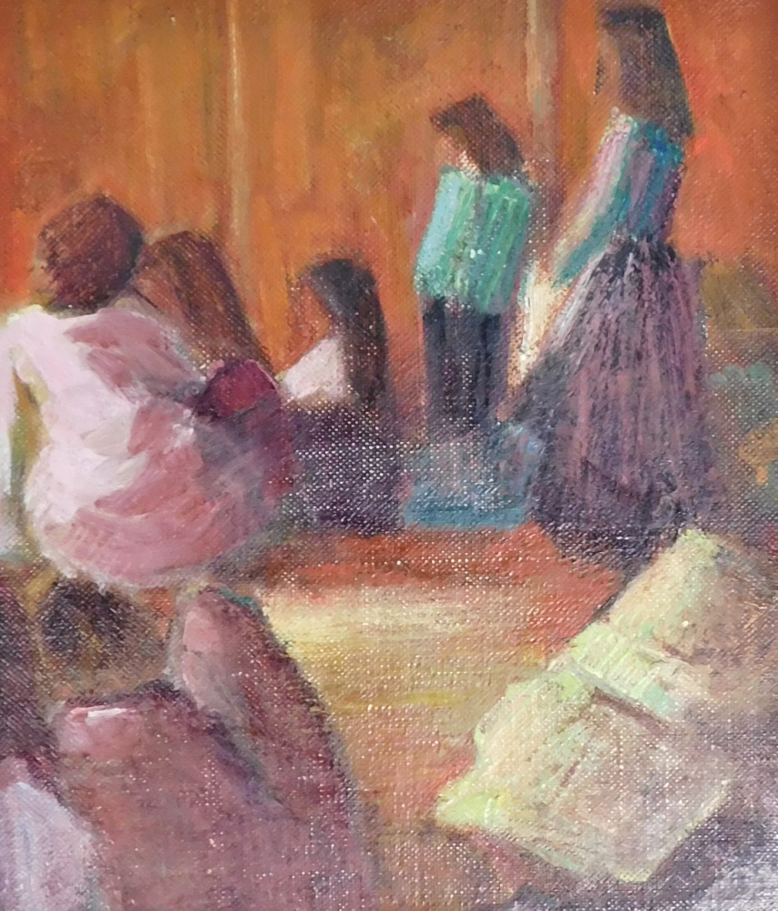 Attributed to Bernard Dunstan (1920-2017). Stretch of figures, oil on board, 19cm x 16cm. Attributed