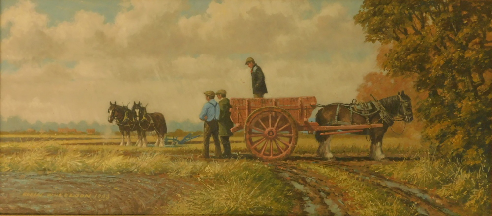 Robin Wheeldon (b.1945). Muck Cart and Plough Team, oil on board, signed, dated 1983, titled verso,