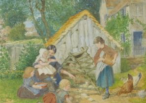 B.F. Children feeding chickens and chicks, watercolour, initialled, 15cm x 20cm.