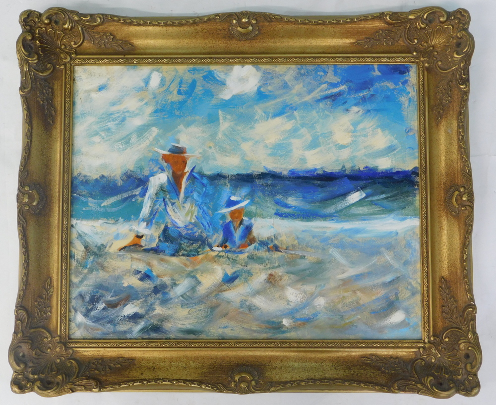 20thC Continental School. Figures seated on a beach, oil on canvas, 39cm x 49cm. - Image 2 of 3