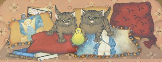 Linda Jane Smith (b.1962). Two Tabby Cats Budgie, watercolour, initialled, 14.5cm x 37cm. Label vers