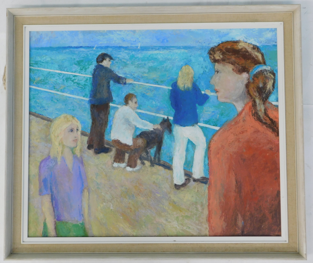 Lewis Davies (20thC). Figures on a pier with dog, oil on board, signed verso, 49cm x 60cm. - Image 2 of 4