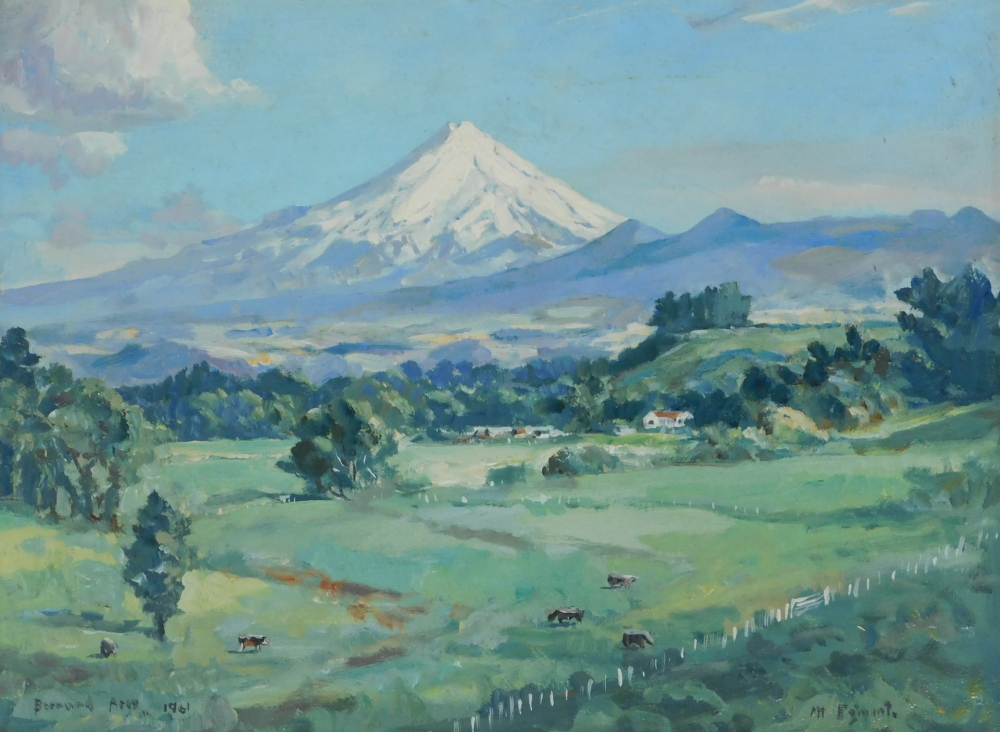 Bernard Aris (1887-1977). Mount Egmont, oil on board, signed and dated 1961, 29cm x 39cm.