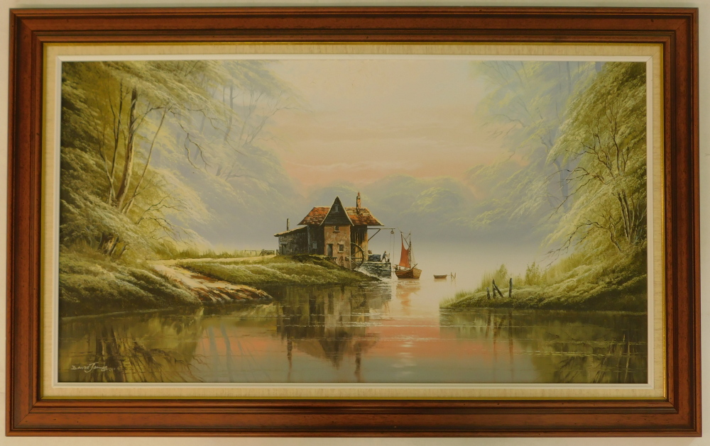 David James. River landscape with watermill, oil on canvas, signed, 50cm x 90cm. - Image 2 of 4