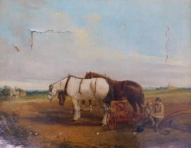 19thC British School. Farmers with working horse, oil on canvas, 35cm x 44cm. (AF)