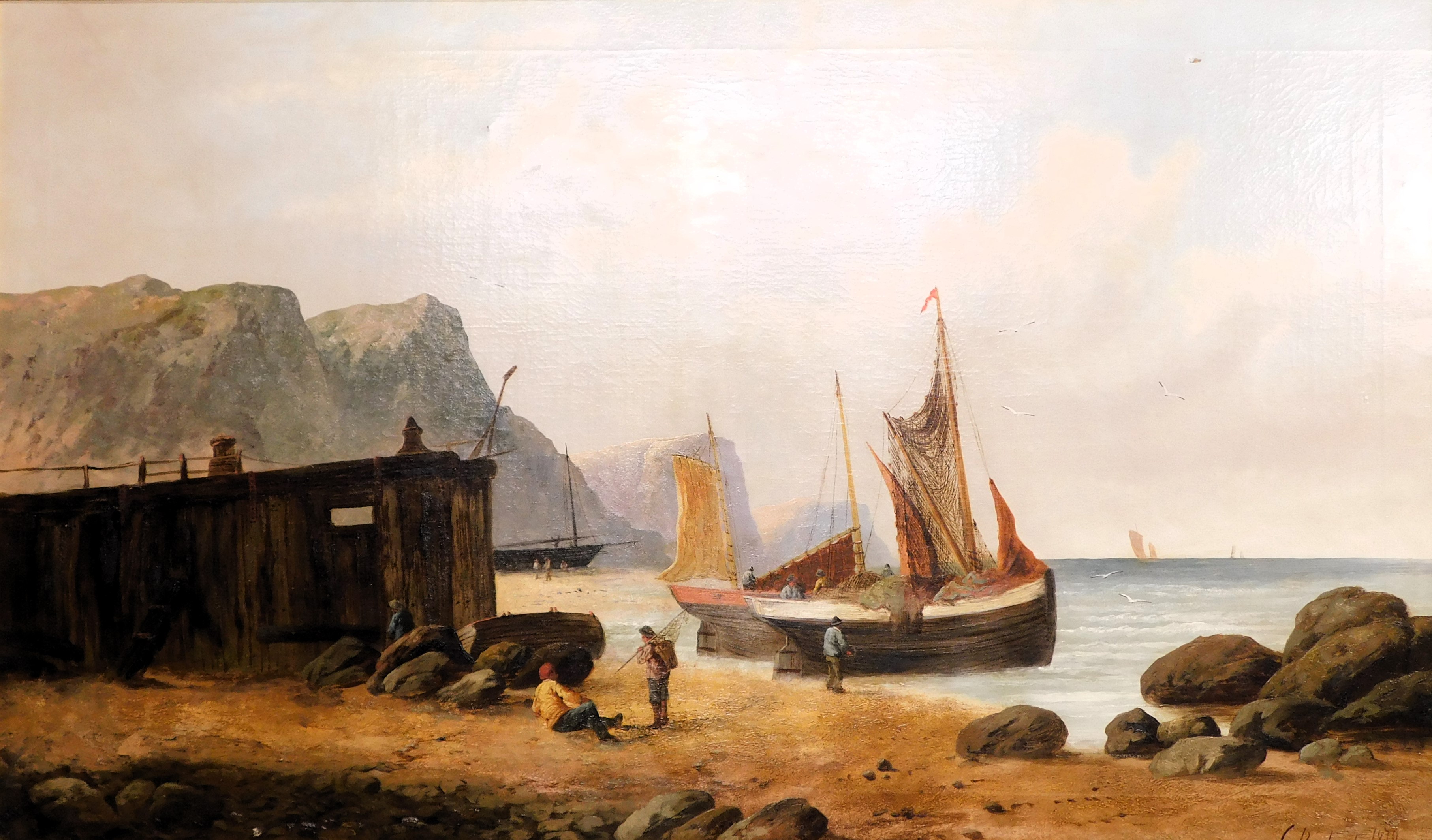 C. Richards. Coastal scene with fishing boats, oil on canvas, signed and dated 1878, 73cm x 123cm.
