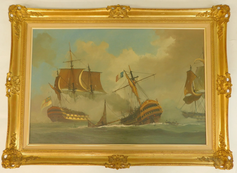 20thC Continental School. Man O' War ships - End of the Battle, oil on canvas, 59cm x 90cm. - Image 2 of 3