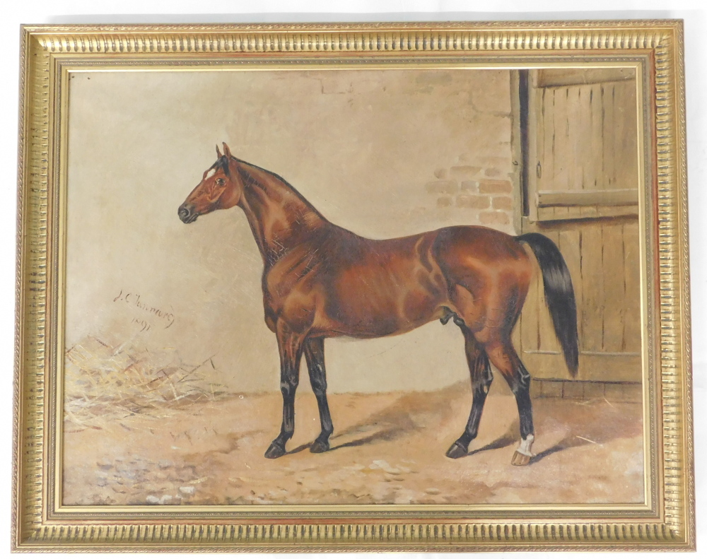 John Charles Tunnard (1875-?). Chestnut horse in stable, oil on canvas, signed and dated 1891, 49cm - Image 2 of 4