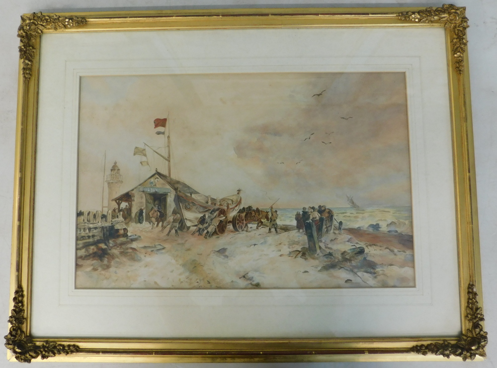 19thC British School. Launching the lifeboat, watercolour, 34cm x 53cm. - Image 2 of 3