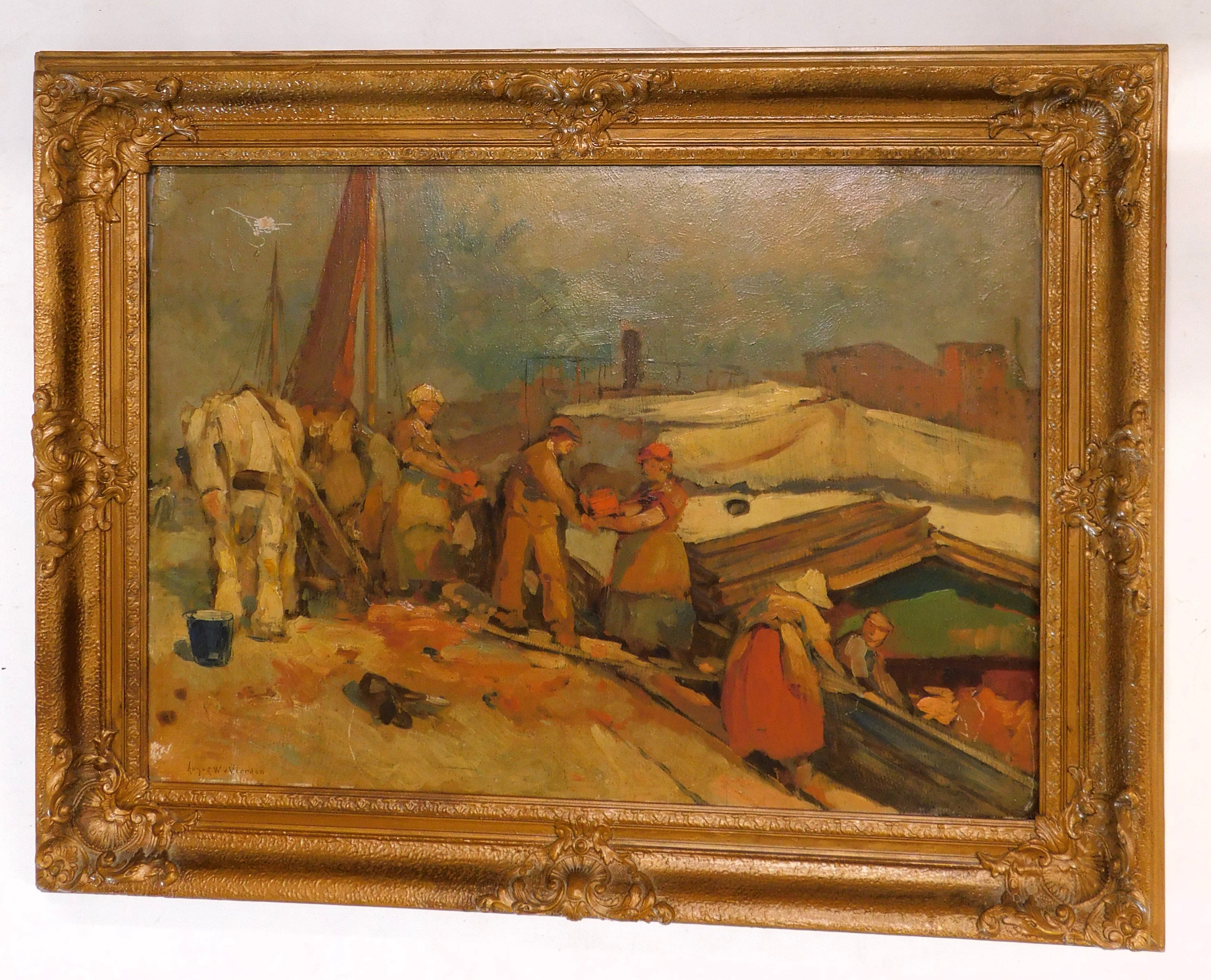 August Willem Van Voorden (1881-1921). Loading barge, oil on board, signed, 50cm x 69cm. Artist labe - Image 2 of 6