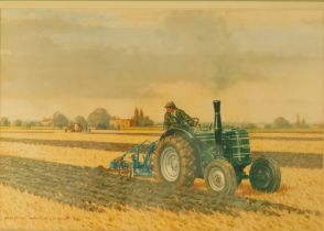 Robin Wheeldon (b.1945). Ploughing, artist signed coloured print, 26cm x 34cm.