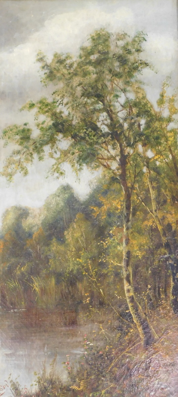 E. Coleson (19thC). Woodland landscape, oil on canvas - pair, signed, 59.5cm x 29cm. - Image 4 of 6