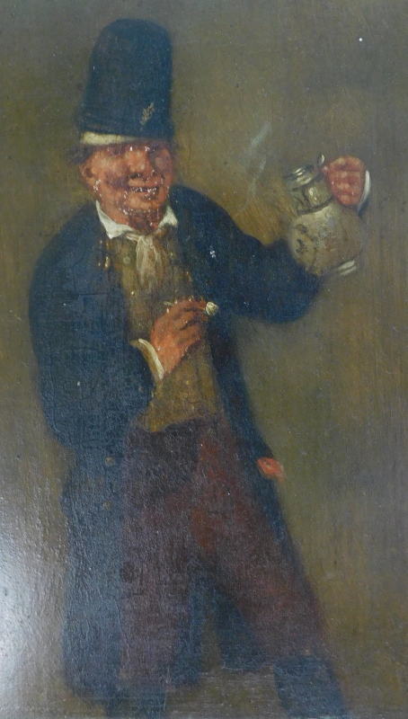 19thC Continental School. Happy drinker, oil on board, 26cm x 20cm.