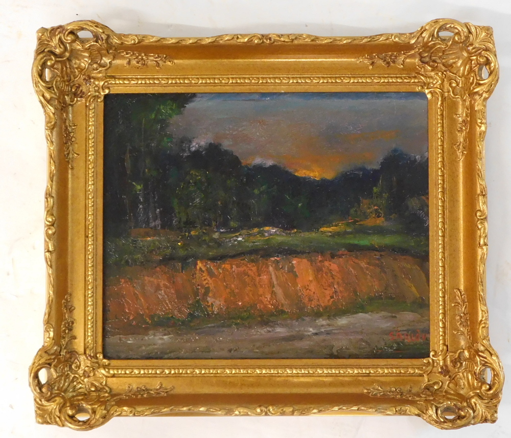 Malte Sarlov (1907-1982). Coastal landscape, oil on board, signed, 23.5cm x 38.5cm. Label verso Bec - Image 2 of 5