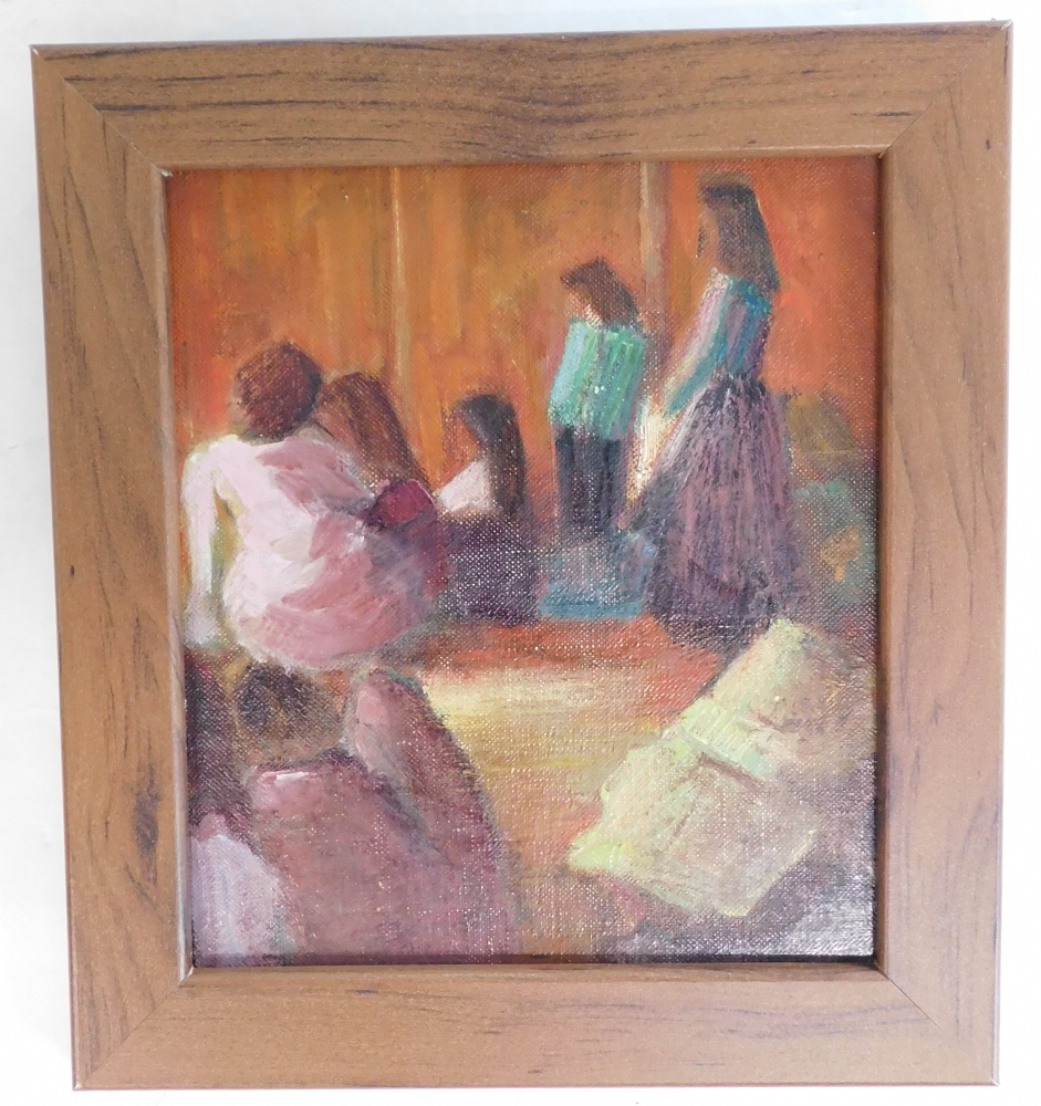 Attributed to Bernard Dunstan (1920-2017). Stretch of figures, oil on board, 19cm x 16cm. Attributed - Image 2 of 4