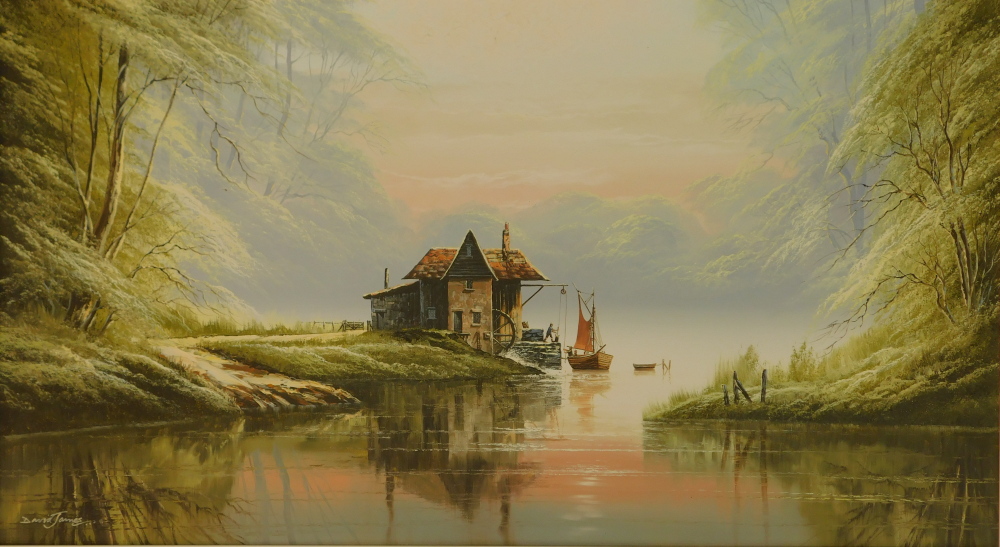 David James. River landscape with watermill, oil on canvas, signed, 50cm x 90cm.