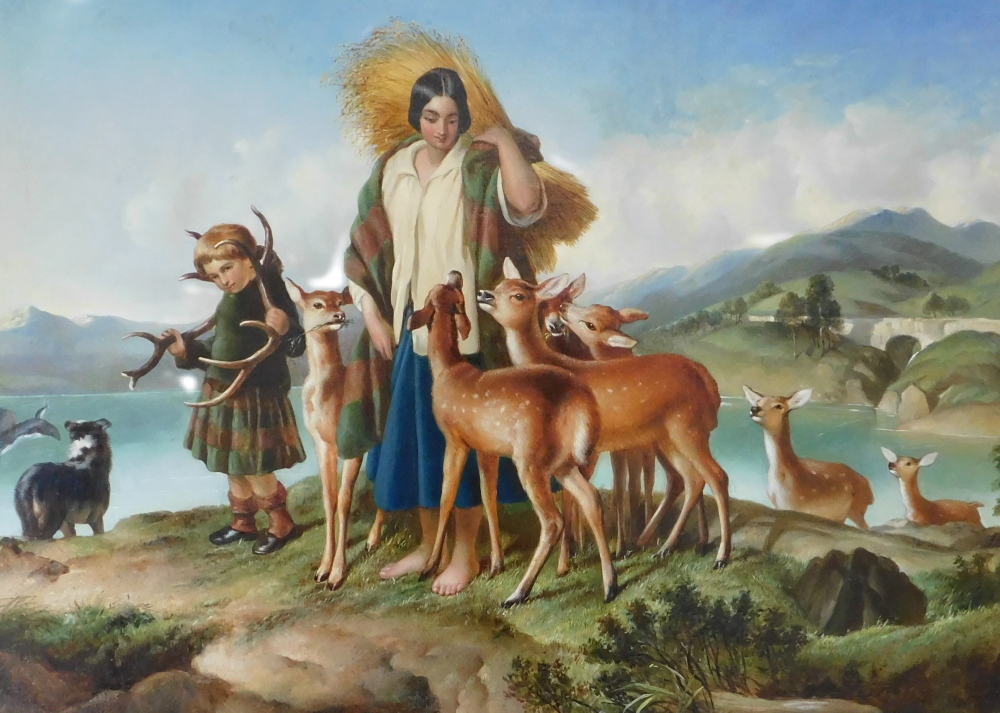 19thC/20thC School. Shepherdess with fawns in extensive landscape, oil on canvas, 68cm x 90cm.