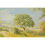 Gordon Lees (20thC). Landscape, watercolour, signed, 12cm x 18cm. Label verso The Cassian Gallery.