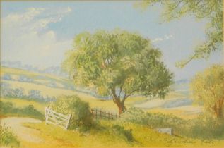 Gordon Lees (20thC). Landscape, watercolour, signed, 12cm x 18cm. Label verso The Cassian Gallery.