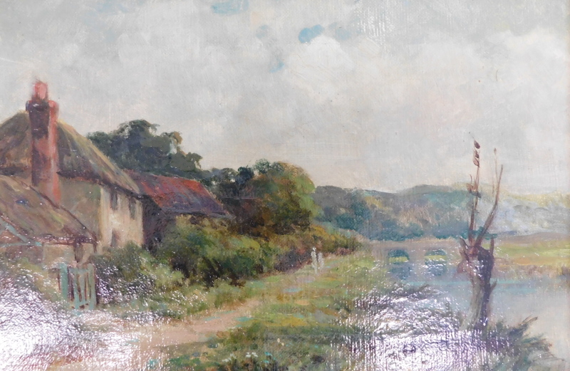 19thC British School. Cottage in river landscape, oil on canvas, 19cm x 29cm.
