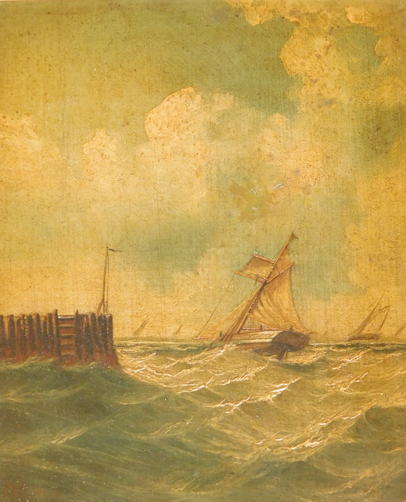19thC British School. Sailing ships off coast, oil on canvas, 29cm x 24cm.