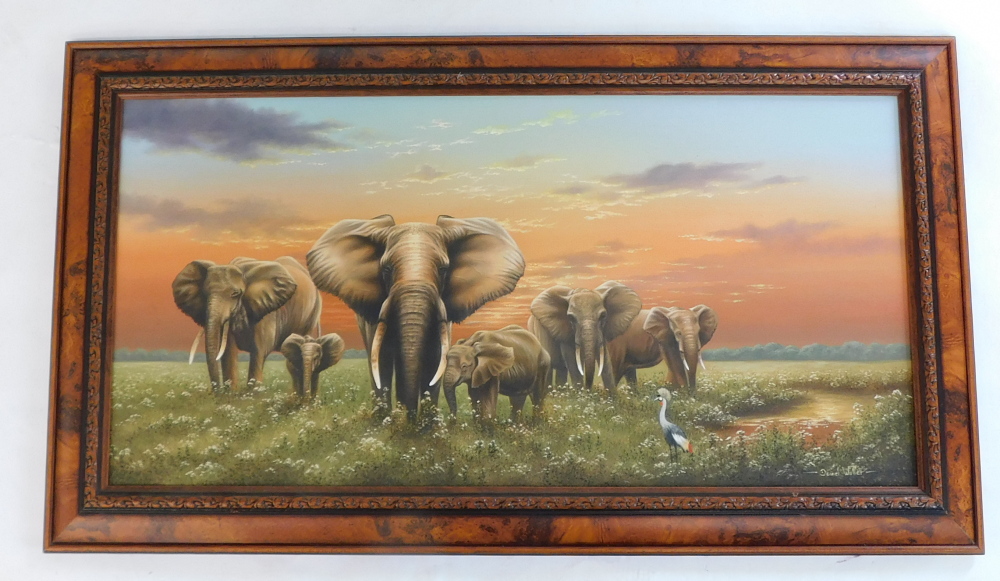 David Waller (b.1945). Elephants, oil on canvas, signed, 37cm x 79cm. - Image 2 of 4