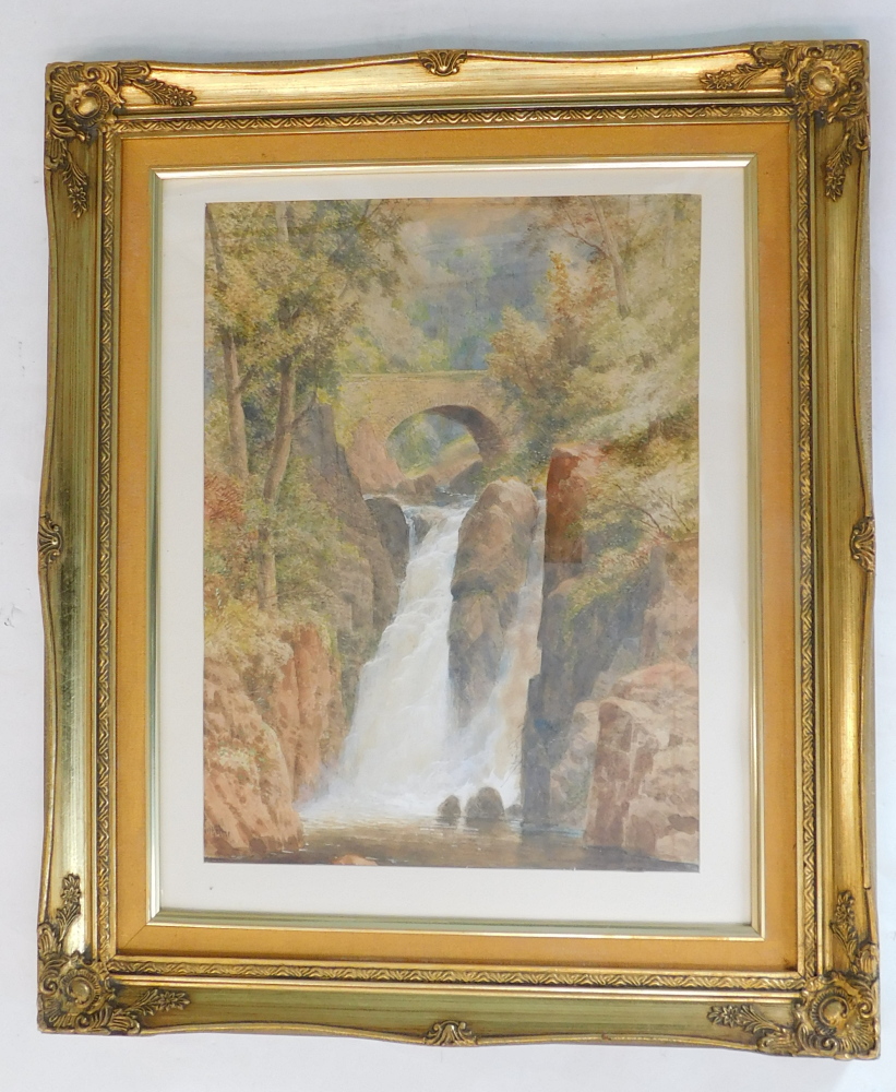 George Law (exh. 1880-1890). Beetholme waterfall, watercolour, 44.5cm x 33cm. - Image 2 of 5