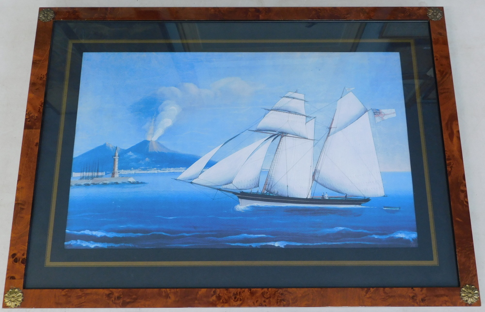 19thC School. Coastal scene with volcano and masted ship, watercolour, 49cm x 69cm. - Bild 2 aus 4