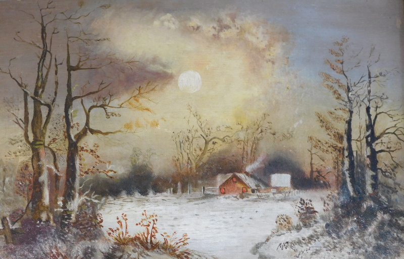 Jessie Bradley (19thC/20thC). Winter night landscape, oil on canvas, signed and dated 1901?, 19cm x