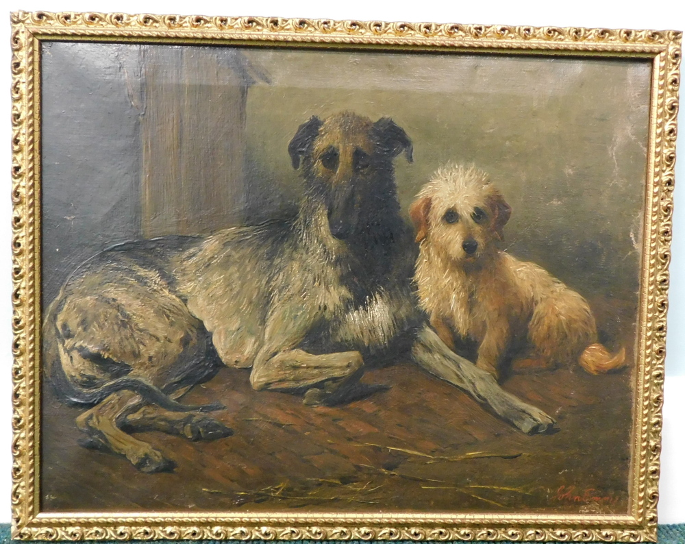 John Emms (1843-1912). Irish Wolfhound and Terrier, oil on canvas, signed, 35cm x 45cm. - Image 2 of 4