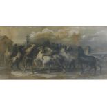 After Rosa Bonheur. Horse rustlers, lithograph, later coloured, 39cm x 83cm.