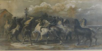 After Rosa Bonheur. Horse rustlers, lithograph, later coloured, 39cm x 83cm.