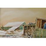 David Poole. Outbuilding of Racecourse Farm, Woodside Road in the snow, oil on board, signed, titled